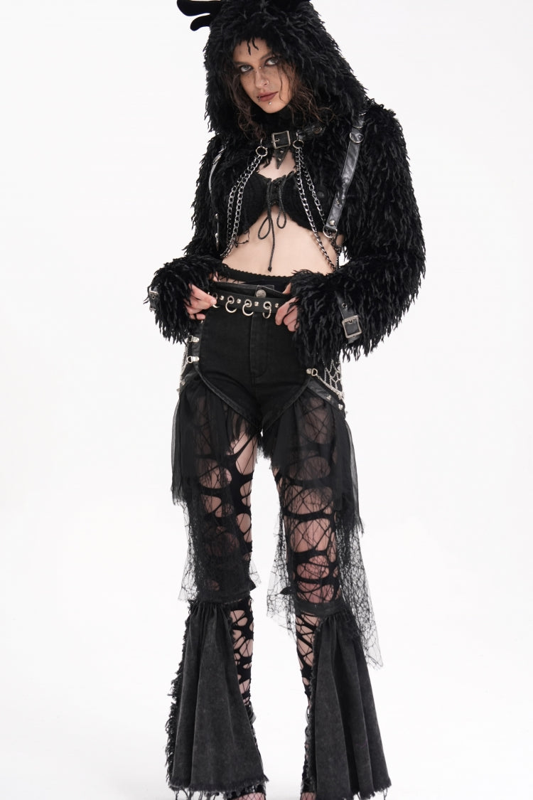 Black Long Sleeves Hooded Women's Gothic Chain Buckle-up Horn Cape