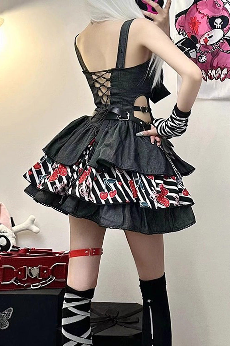 Black [Cherry] Sleeveless Triple-Layered Print Ruffle Bowknot Denim Sweet Japanese Vintage Lolita Jsk Dress
