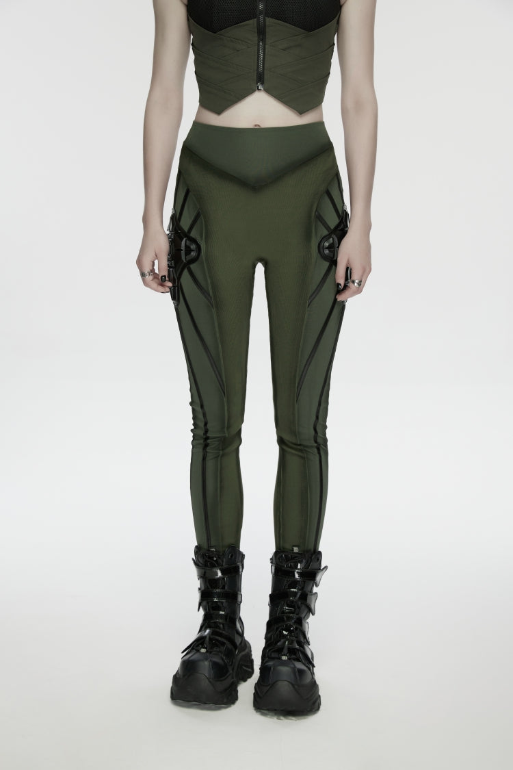 Legging punk à empiècements accentués d'armure pour femme, noir/vert, slim