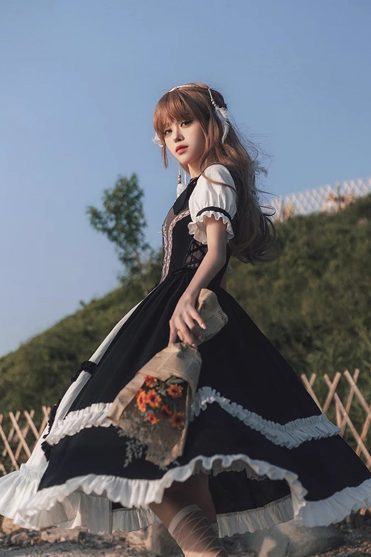ブラック/ホワイトバイエルンスタイルローズ刺繍半袖スウィートロリータドレス