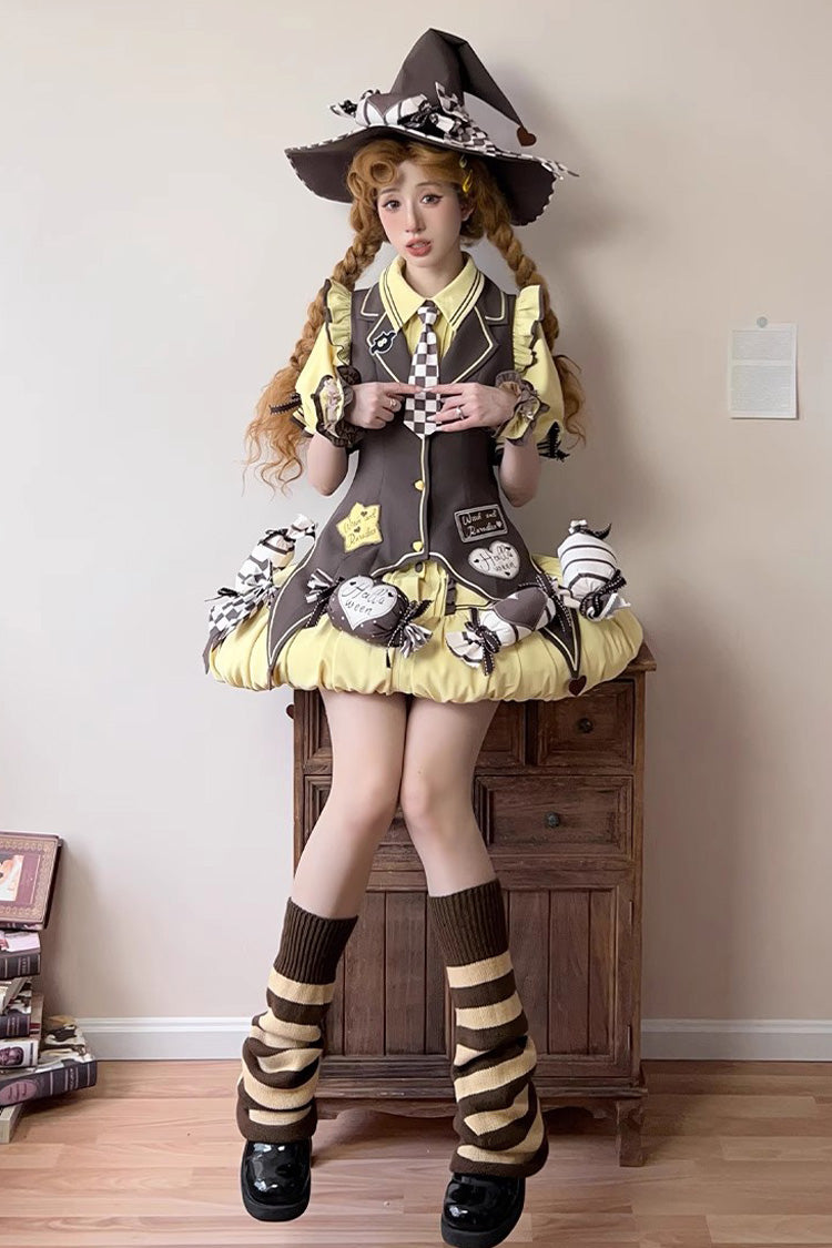 Brown/Yellow [Witch and Paradise] Short Sleeves Ruffle Bowknot Sweet Japanese Halloween Lolita Dress Vest Set