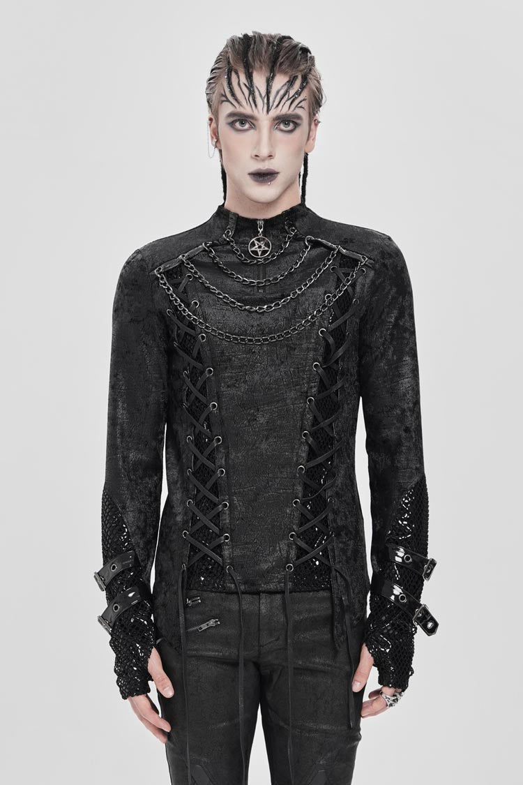 Black Stitching Lace-Up Mesh Chain Men's Punk Blouse