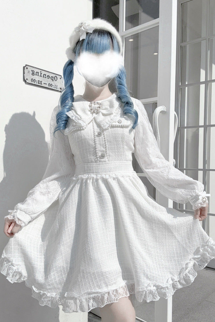 White Long Sleeves Bowknot Lace Pearl Sweet Jirai Kei Dress