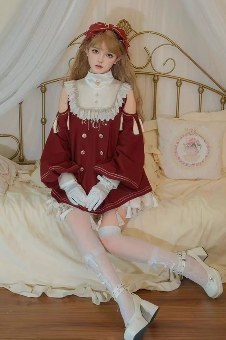 Rotes [Sternenklare Nacht] Langarm Rüschenstickerei Süßes Prinzessin Lolita Kleid Komplettset 