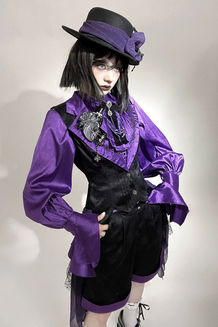 Black/Purple [Moonlit Return] Jacquard Printed Lace-Up Gothic Elegant Ouji Lolita (Blouse/Pants/Shorts/Vest)