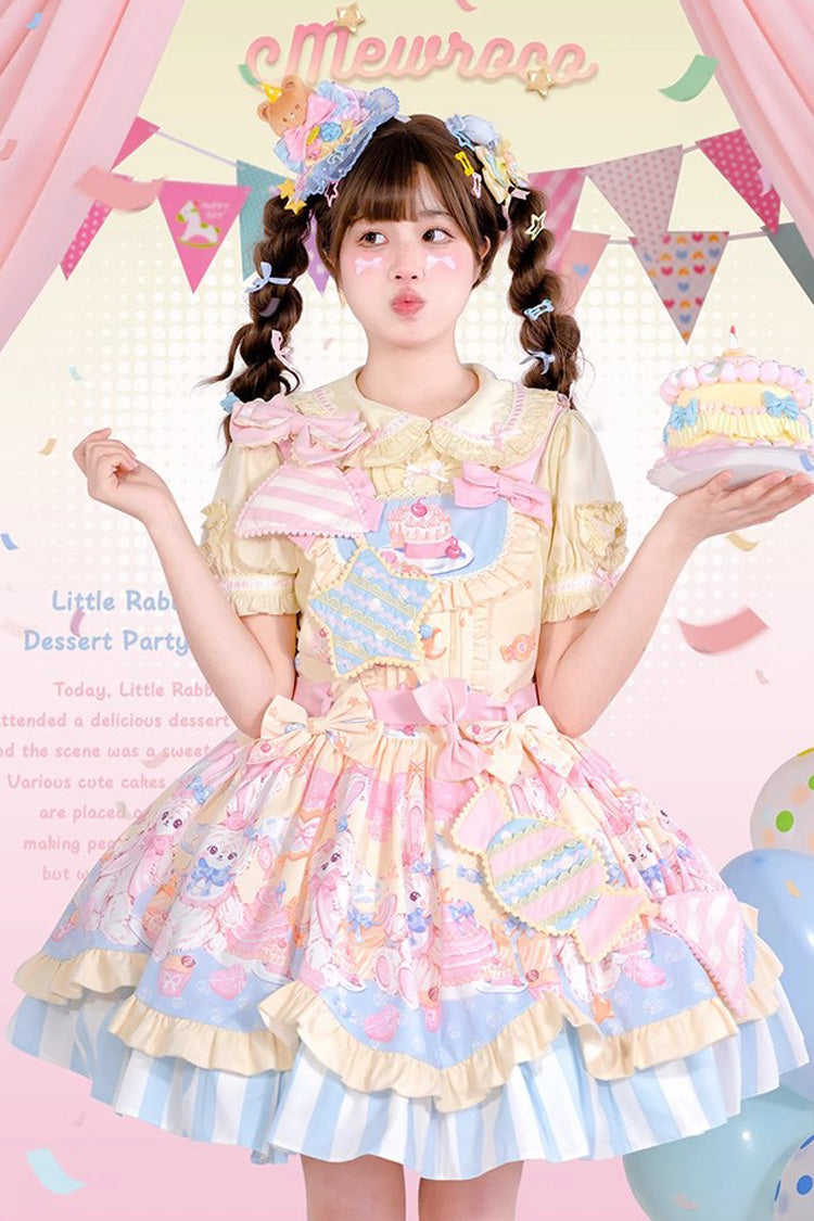 Multi-Color Multi-layer Party Bunny Cat Print Bowknot Sweet Lolita Jsk Dress