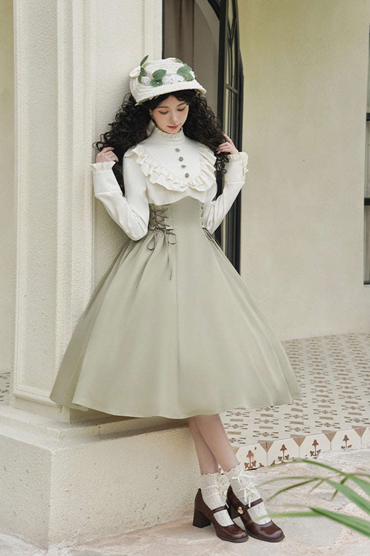 White/Green [Wind Garden] Stand Collar Ruffle Lace-Up Color Matching Fake Two Pieces Classic Vintage Lolita Dress