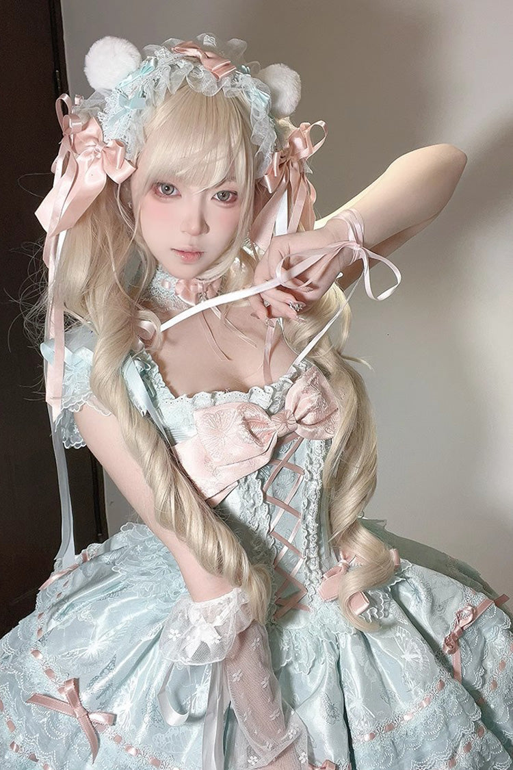 グリーン [フローラアイルバタフライ] ノースリーブ ラッフル ボウノット レース レースアップ スイート エレガント ロリータ Jsk ドレス 