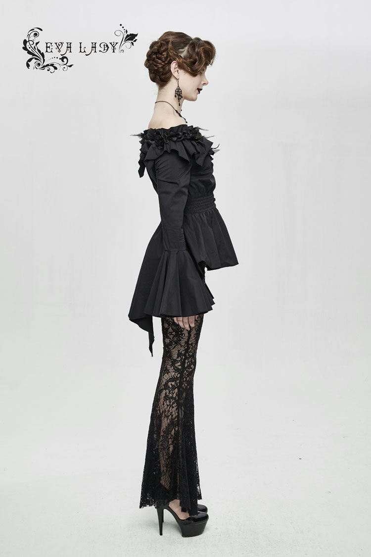 Schwarze Rosenblüten-Dekoration, Ein-Wort-Kragen, lange Ärmel, ausgestellte Manschette, Gothic-Bluse für Damen