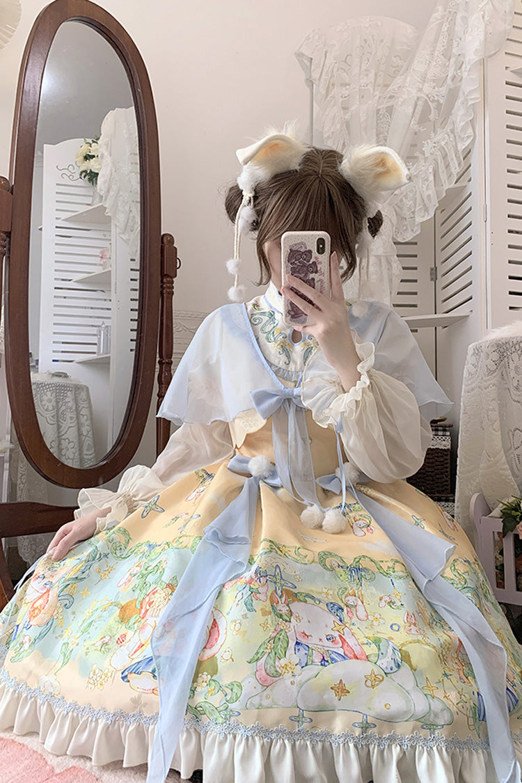 Multi-Color Fairy Rabbit Print Ruffle Bowknot Sweet Chinese Style Princess Lolita Dress