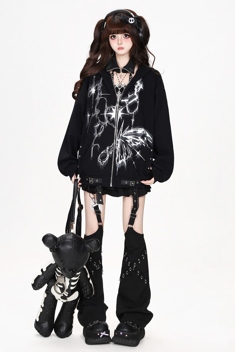 Black Gothic Buckle Hem Butterfly Graphic Print Long Sleeves Drop Shoulder Women's Hoodie Jacket