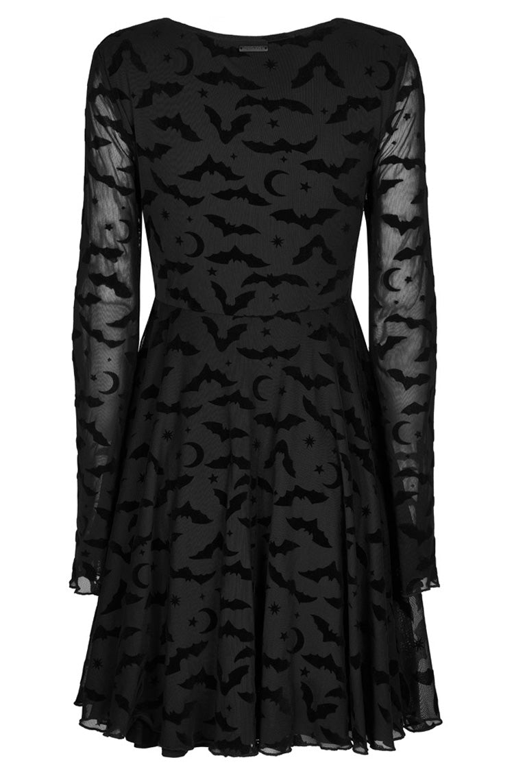 Black Minimalist Flared Sleeve Bat Moon Flocking Print Pattern Long Sleeves Punk Women's Dress