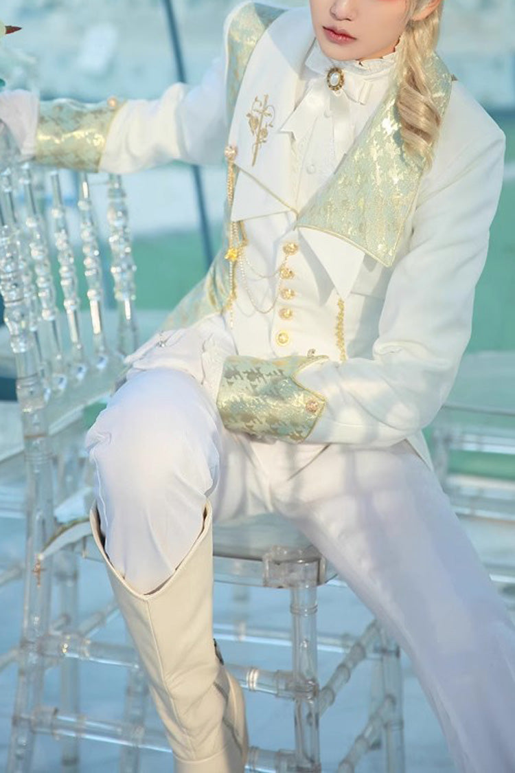 ホワイトイモータルローズナイトプリントシングルブレストエレガント王子ファッションロリータコート