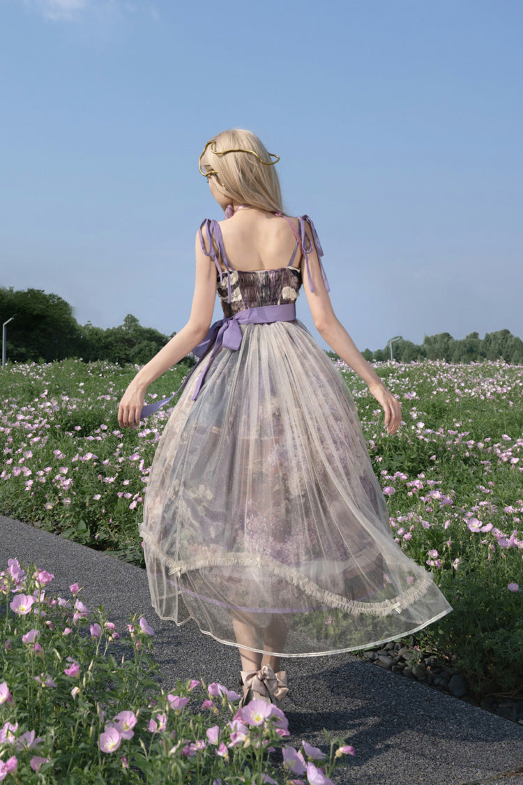 Peinture à l'huile violette [– À l'ombre des arbres en fleurs] Robe Jsk Lolita douce sans manches à imprimé volant avec nœud en dentelle 