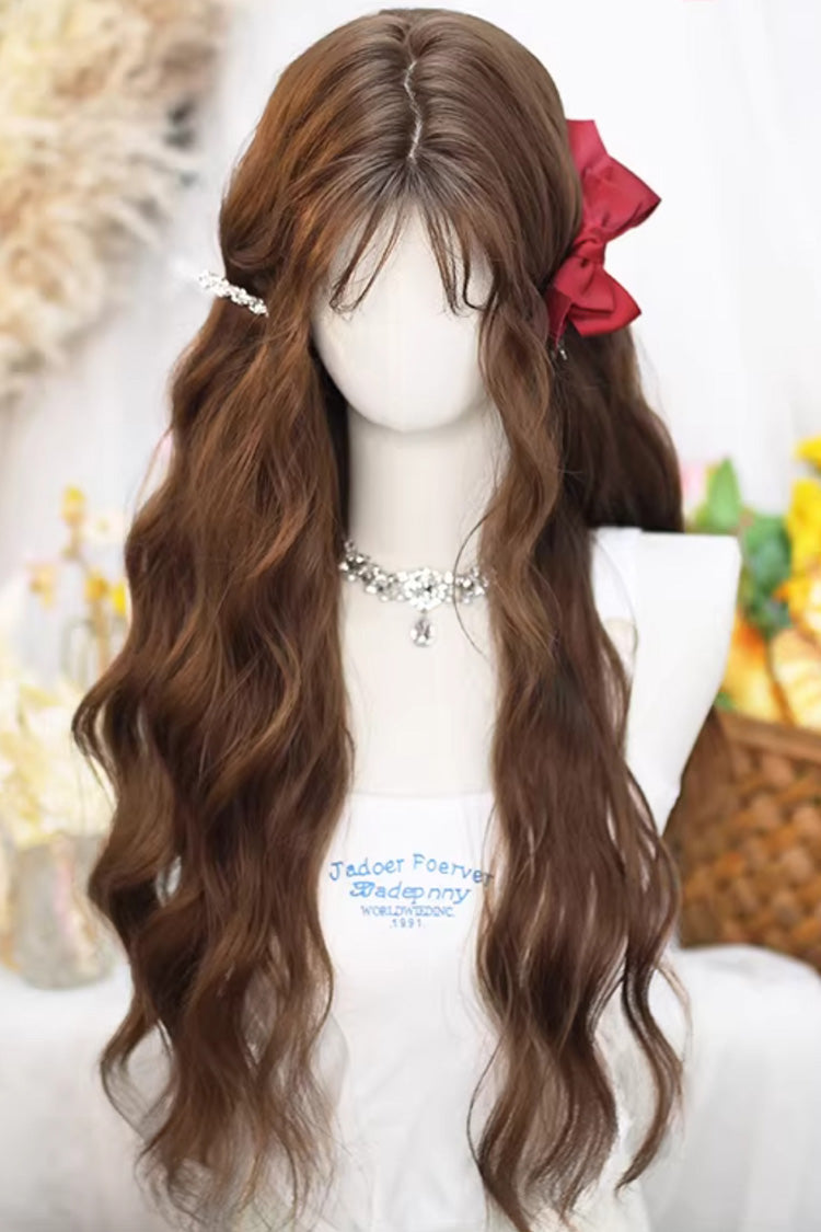 Perruque longue ondulée marron chaud caramel avec frange légère et vaporeuse Sweet Lolita