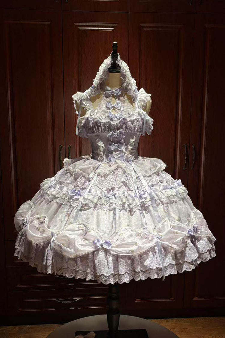 Lila Neckholder, ärmellos, bedruckt, bestickte Schleife, süßes Lolita JSK-Kleid