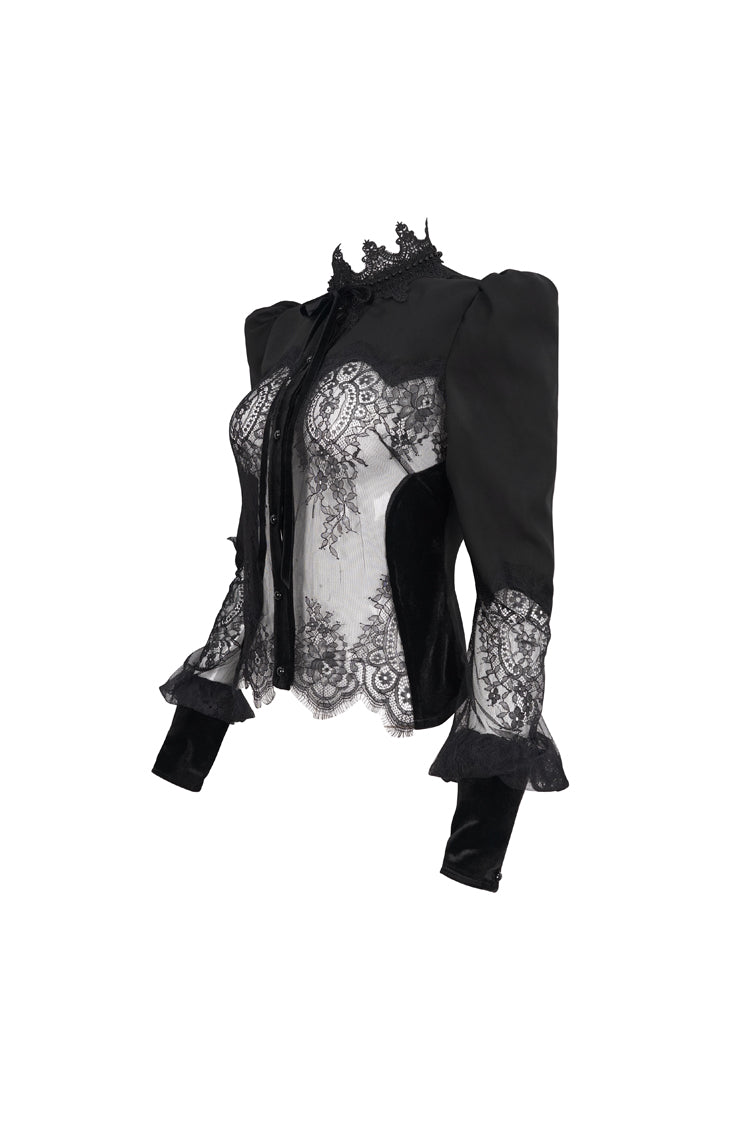 Schwarzes langärmliges Gothic-Hemd für Damen mit hohem Kragen, durchscheinender Spitze und Patchwork-Schleifendekoration