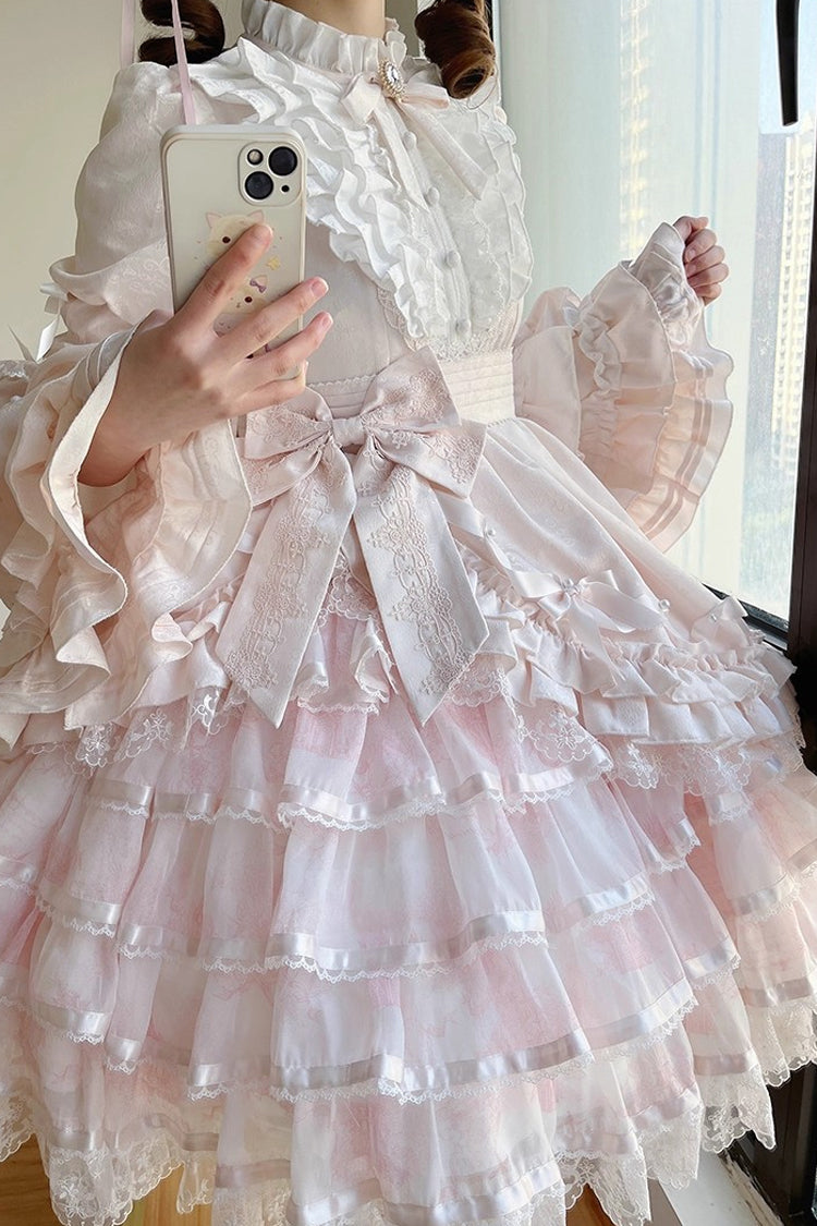 Pink [The Soloist Doll] Long Hime Sleeves Multi-Layered Print Ruffle Bowknot Asymmetric Sweet Lolita Dress