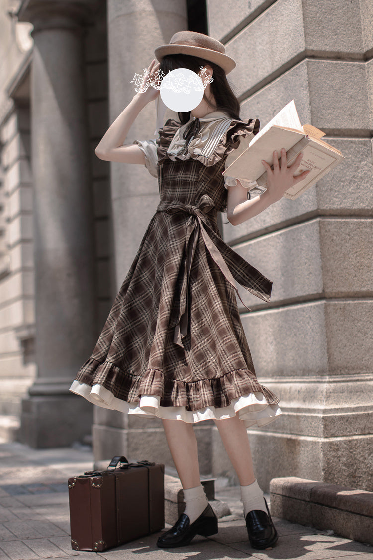 Brown [The Thames at Dusk] Print Short Sleeves Ruffle Bowknot Fake Two Pieces Vintage Lolita Dress