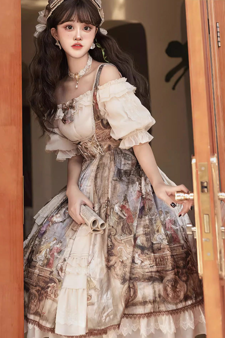 Brown [Cloria] Oil Painting Print Bowknot Lace Sweet Elegant Palace Lolita Jsk Dress