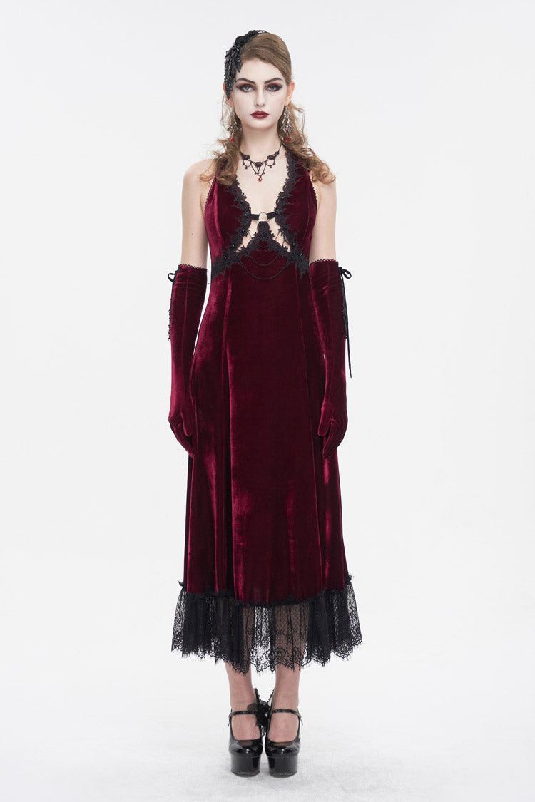 Red Lace Up Lace Hem Slip Long Women's Gothic Dress