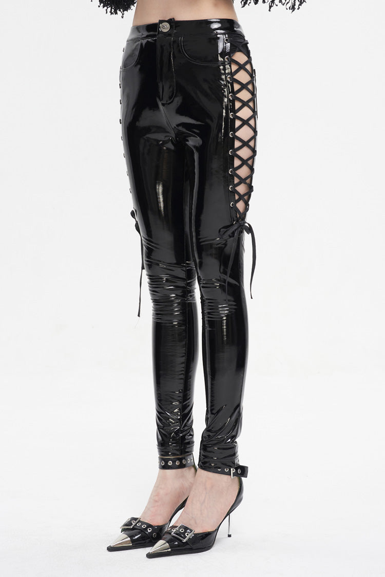 Black Patent Leather Side Cutout Lace Up Women's Punk Pants