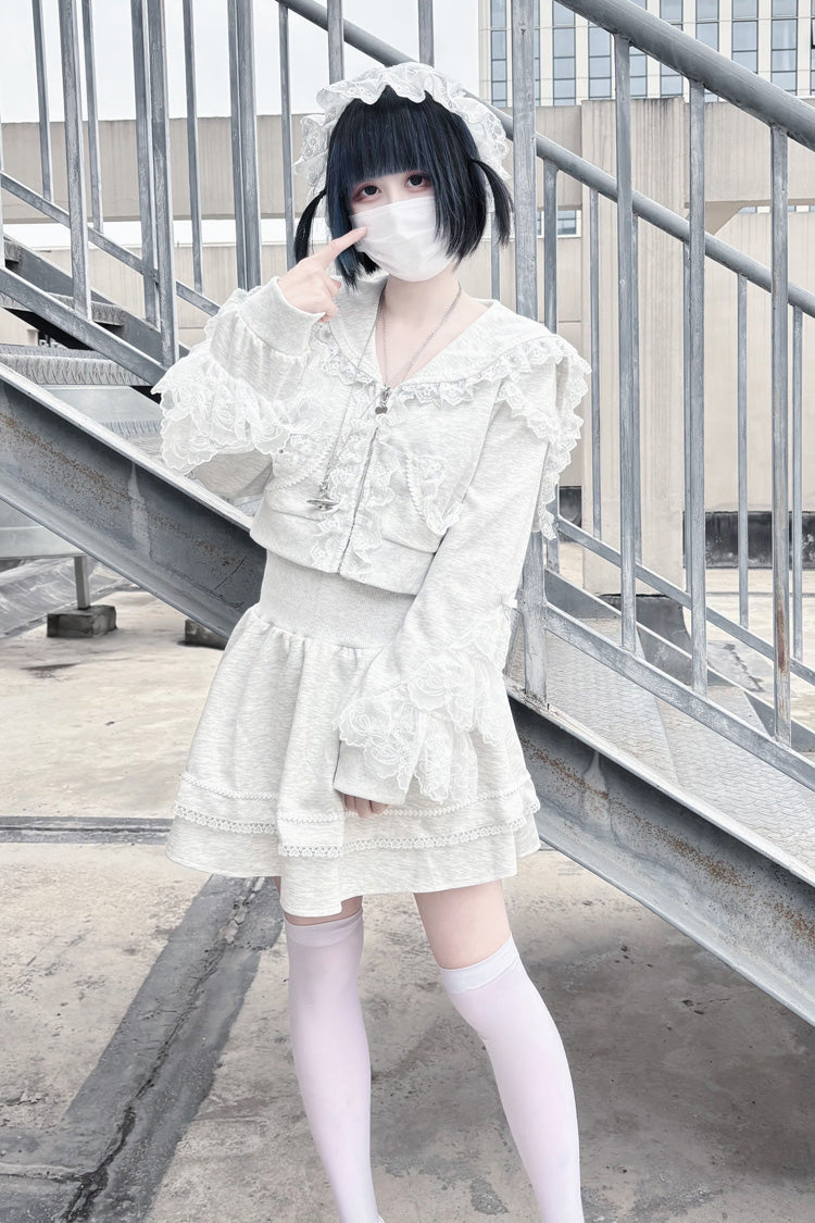 Grey [Heartbeat Rhythm] Long Sleeves Ruffle Lace Hooded Jirai Kei Japanese Skirt Set