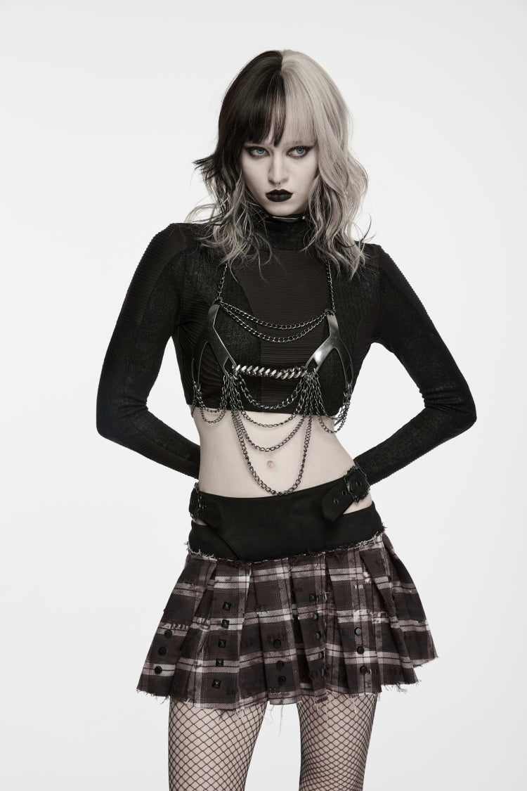 Red Patchwork Studded Pleated Women's Punk Preppy Style Skirt