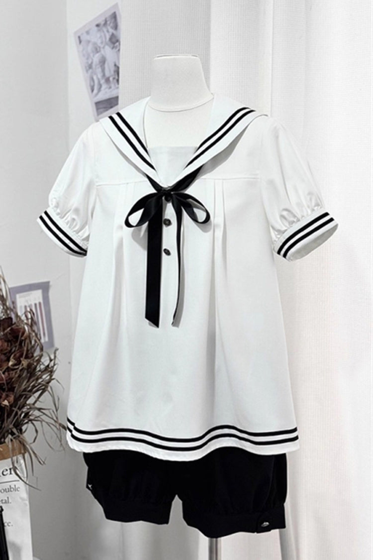 Black/White [Old Stories] Navy Collar Short Sleeves Bowknot Ouji Gothic Lolita Blouse Shorts Set
