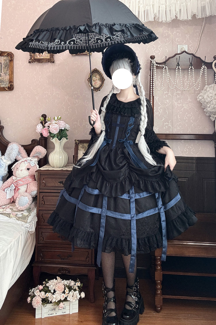 [Lilith’s Cage] Sleeveless Print Ruffle Bowknot Lace-Up Gothic Elegant Lolita Jsk Dress 2 Colors
