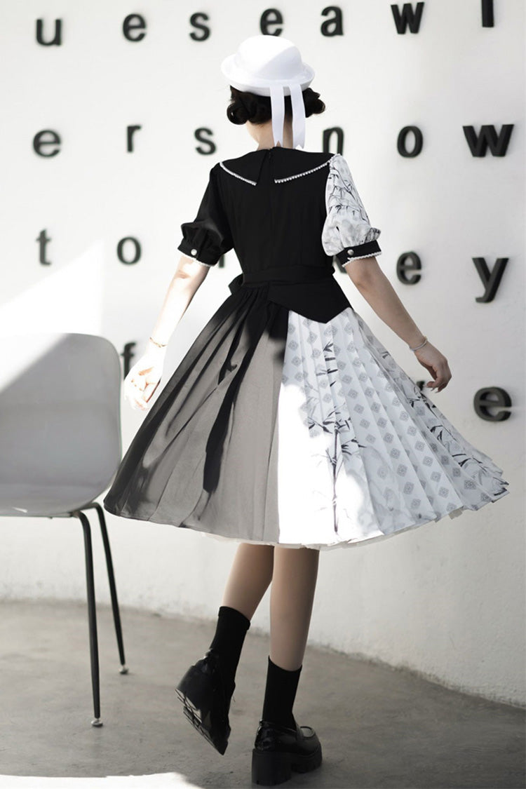 Black/White Stitching Chinese Style Bamboo Print High Waisted Sweet Lolita Dress