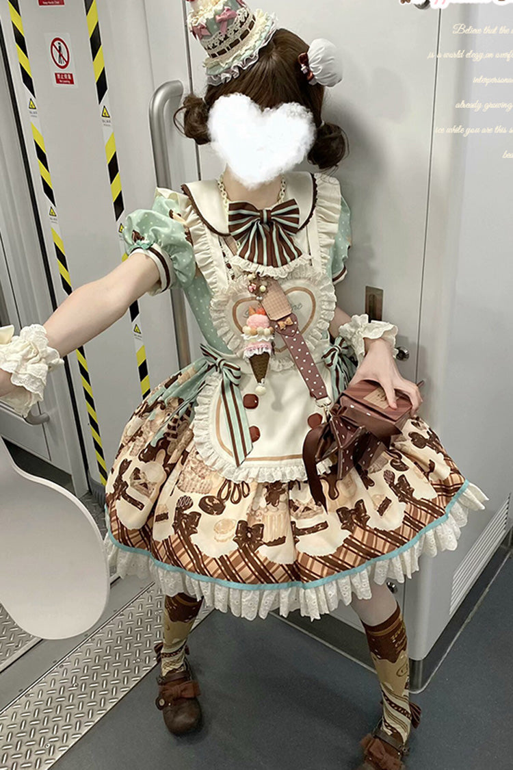 Brown [Peppermint Chocolate] Chocolate Cake Bear Print Ruffle Bowknot Lace-Up Sweet Lolita Dress