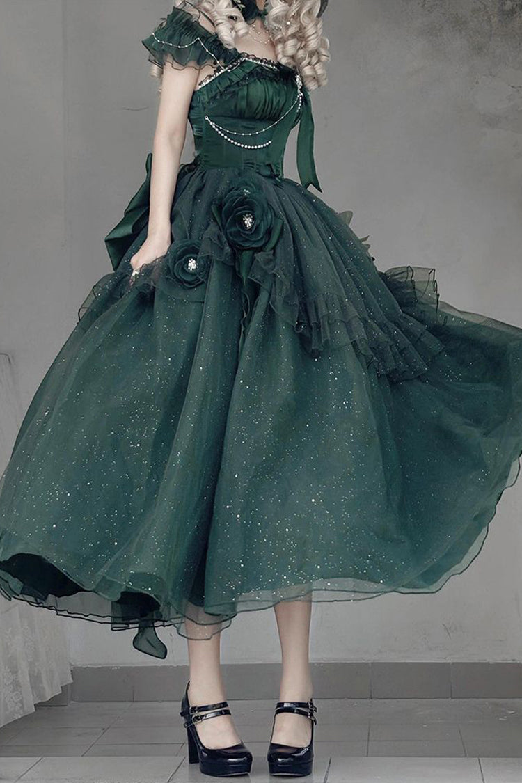 Green [Bright Stars] Off Shoulder Ruffle Bowknot Asymmetric Sweet Elegant Princess Lolita Dress