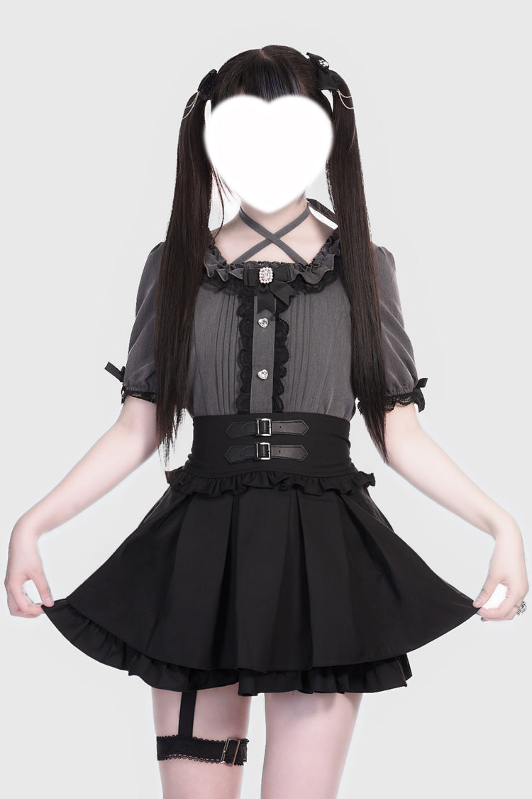 Black Leather Buckle Leg Ring Double-Layered Ruffle Sweet Jirai Kei Japanese Skirt