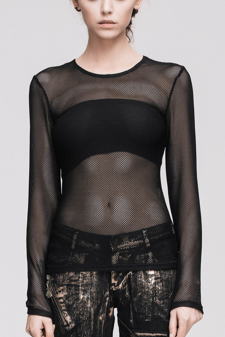 Black See-Through Sexy Hexagonal Mesh Long Sleeve Women's Punk T-Shirt