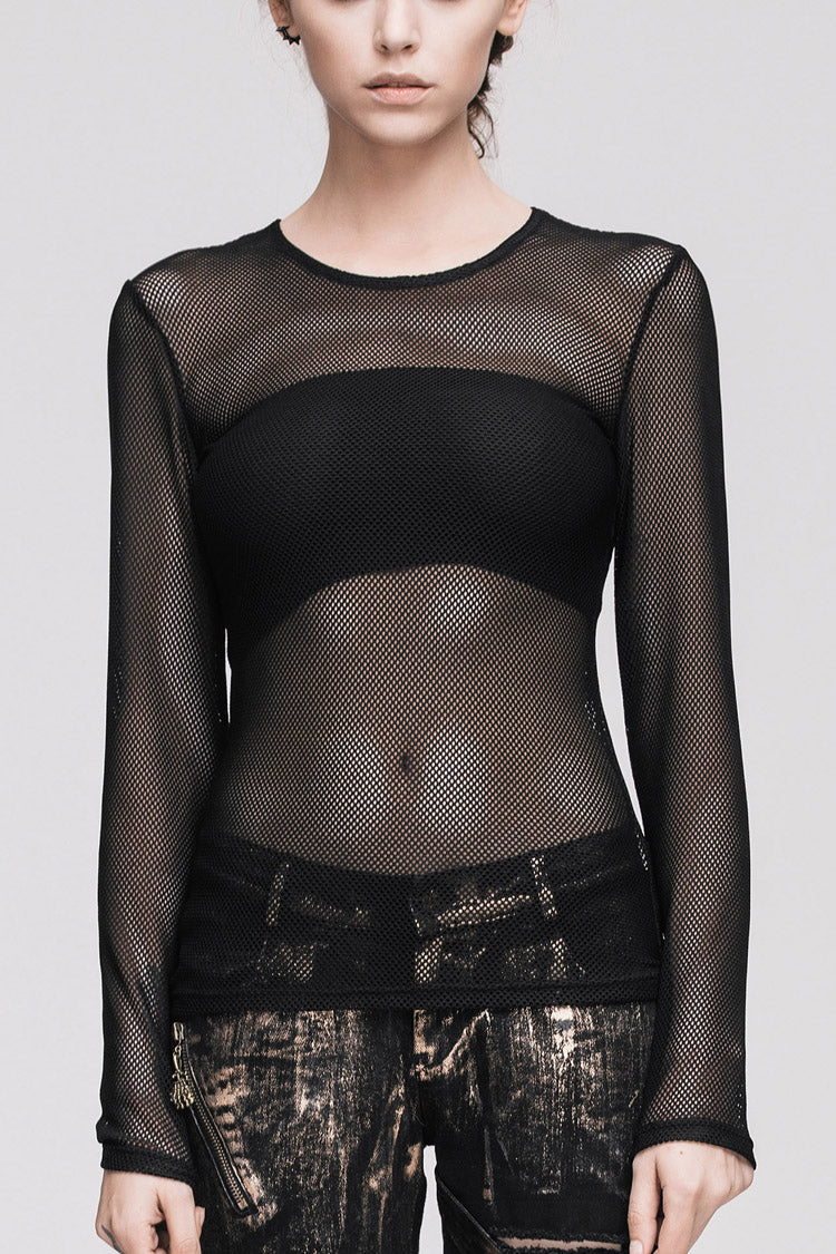 Schwarzes, durchsichtiges, sexy, langärmliges Punk-T-Shirt aus sechseckigem Netzstoff für Damen