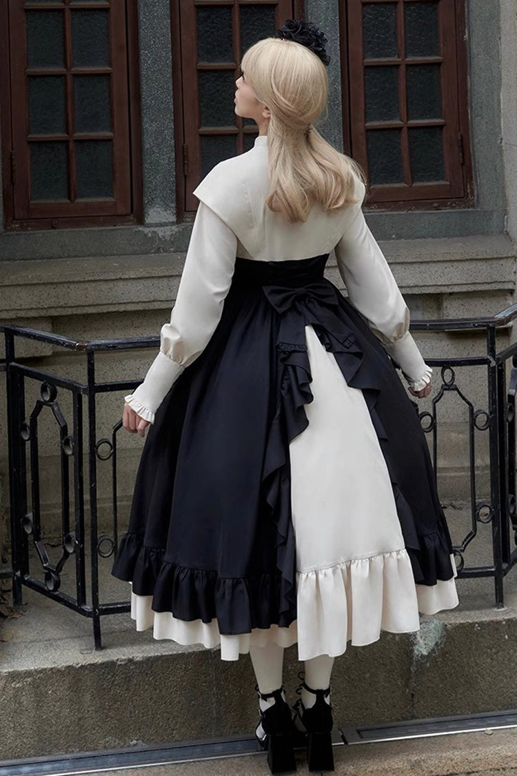 Rose Embroidery Long Sleeves Ruffle Bowknot Fake Two Pieces Elegant Lolita Dress 2 Colors