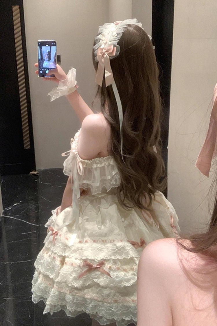 Abricot [Papillon de l'île Flora] Robe Lolita Jsk élégante et douce sans manches avec volants, nœud et laçage en dentelle 