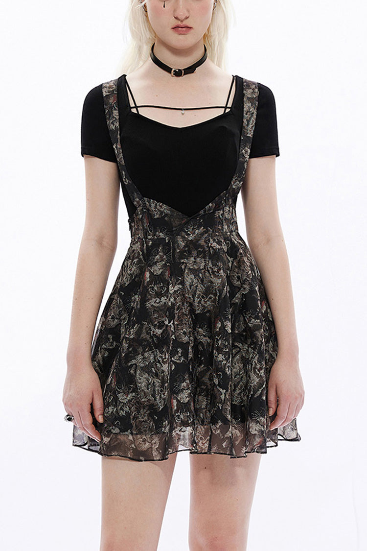 Black Super Cool Chiffon Lace Cat Print Straps Waist Low Cut A-Shaped Wide Hem Suspender Gothic Women's Skirt