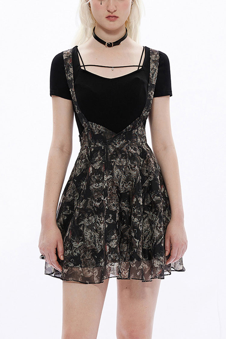 ブラックスーパークールシフォンレース猫プリントストラップウエストローカット A 型ワイド裾サスペンダーゴシック女性のスカート