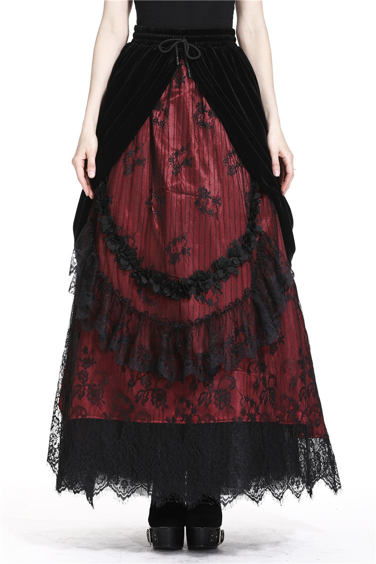 Black/Red Women's Gothic Wave Velvet Lace Lace-Up Maxi Skirt