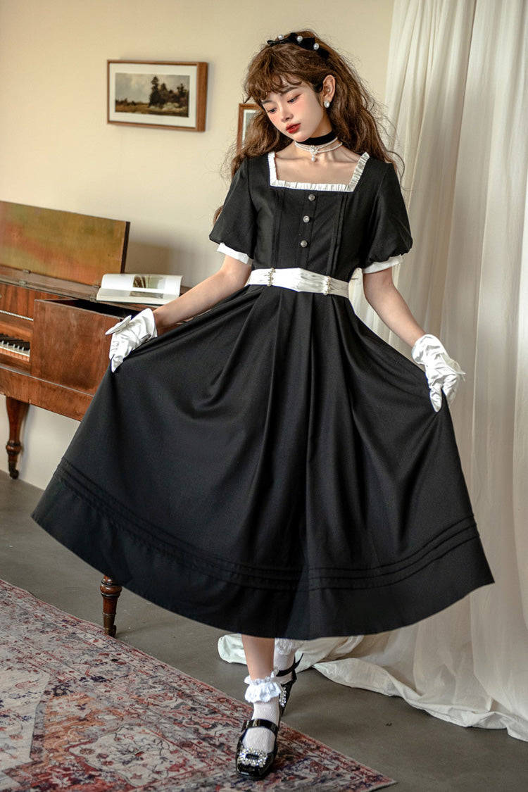 Black [Random Thoughts] Square Collar Short Sleeves Ruffle Classic Vintage Elegant Lolita Dress