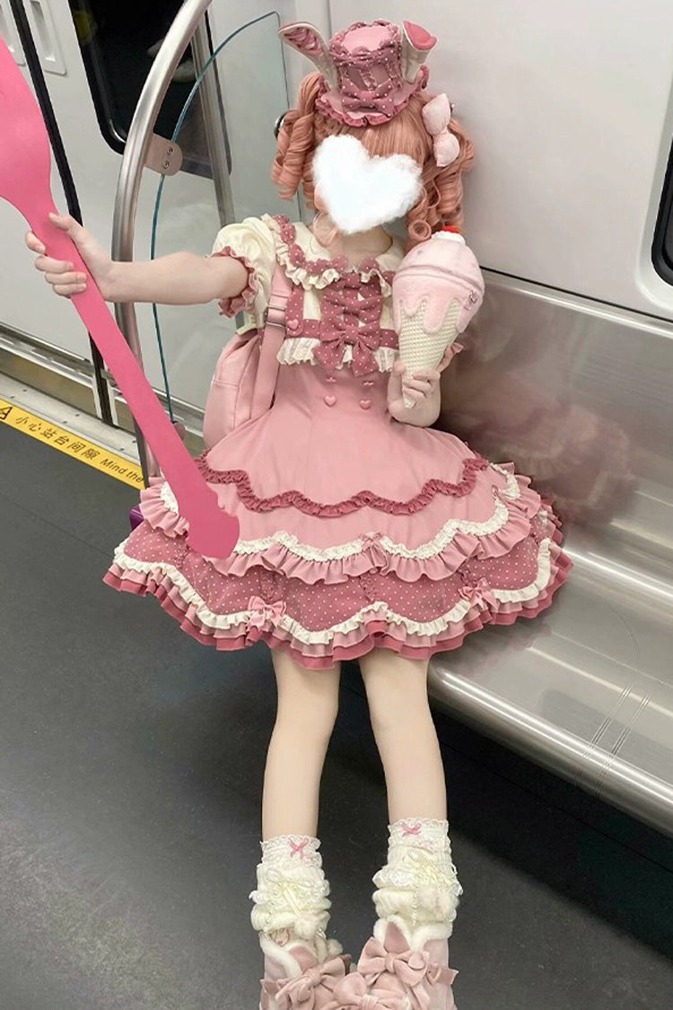 Pink [Bunny Parfait] Short Sleeves Multi-Layered Ruffle Bowknot Sweet Lolita Dress