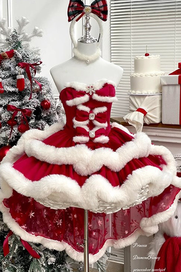 Red [Holiday] Double-Layered Bowknot Sweet Princess Lolita Strapless Dress