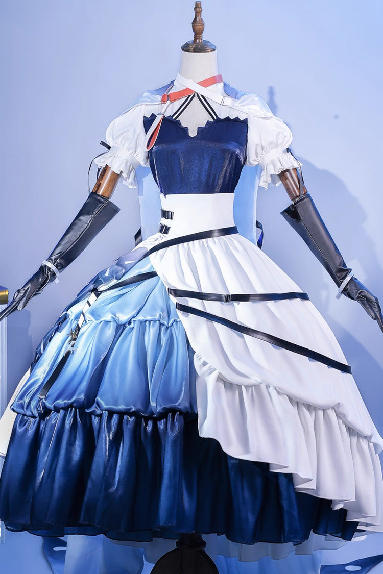 Blue/White [Arknights] Short Puff Sleeves Ruffle Cardigan Asymmetric Classic Anime Cosplay Lolita Dress Set