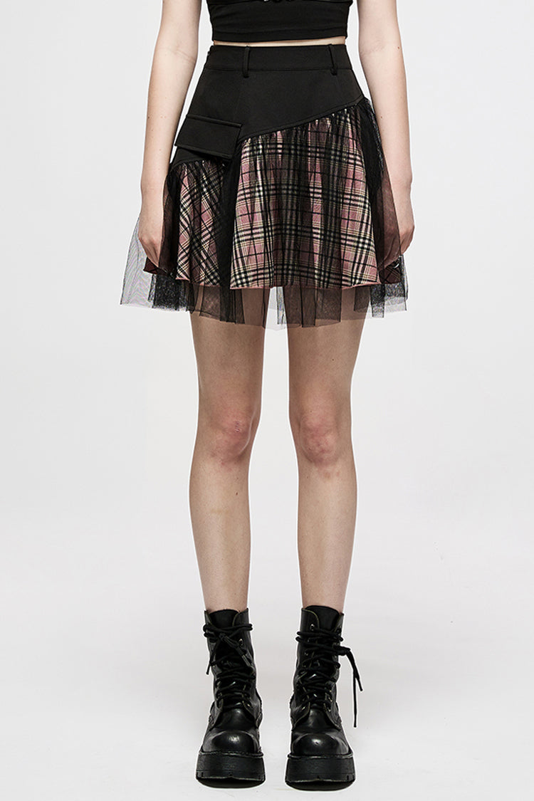 Pink/Black Cotton Splicing Mesh Sweet Plaid Personalized Pocket Decoration Waist Punk Women's Short Skirt
