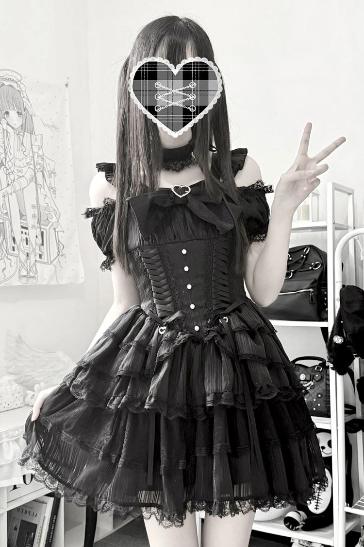 Black [Pearl Nocturne] Square Collar Flutter Sleeves Multi-Layered Printed Ruffled Bow Lace Gothic Japanese Lolita Dress