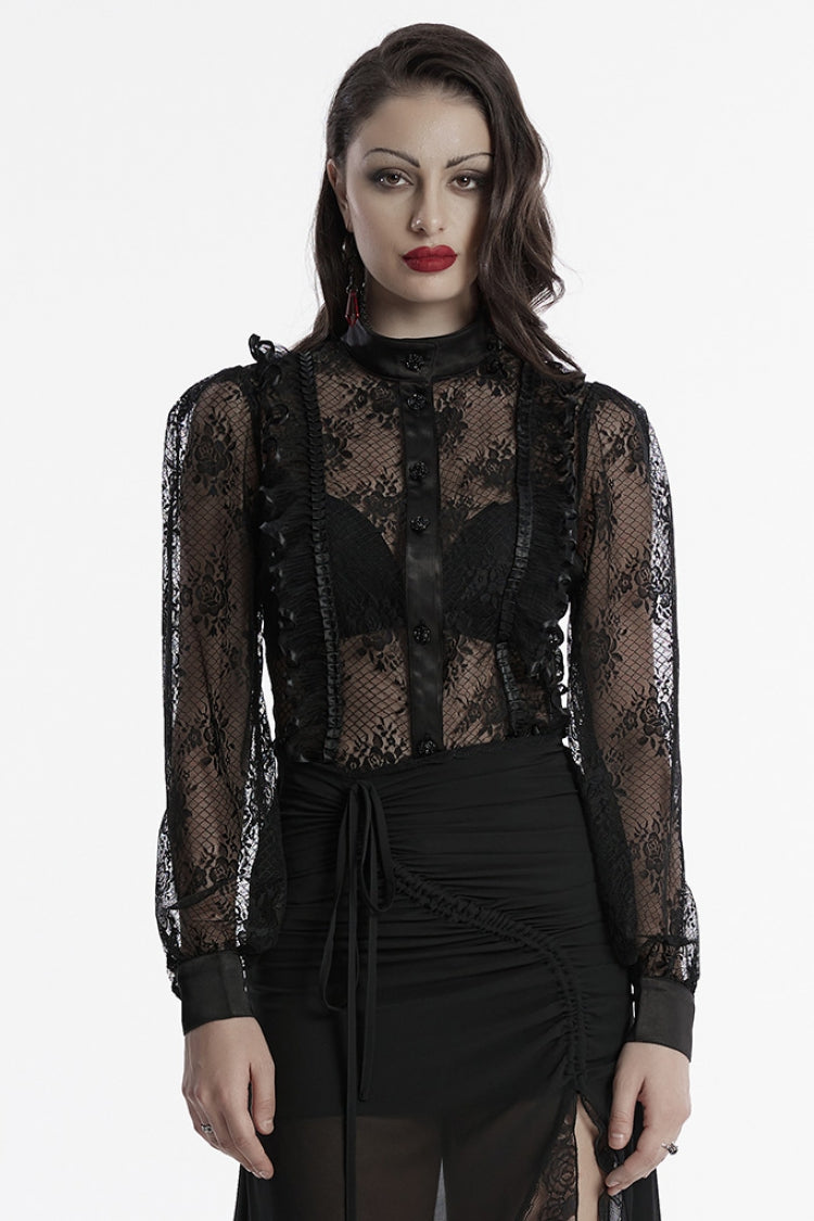 Black Stand Collar Long Puff Sleeves Hollow Embroidery Lace Women's Gothic Blouse