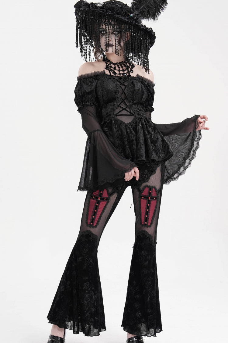 Black Halterneck Long Sleeves Hollow Lace-Up Mesh Women's Gothic Blouse
