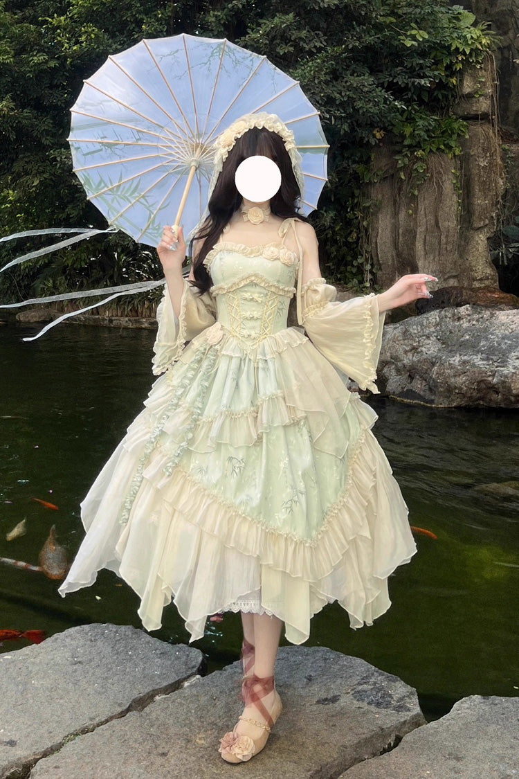 Green [Tea Bamboo Song] Sleeveless Print Ruffle Bowknot Sweet Chinese Style Elegant Ballet Lolita Jsk Long Dress